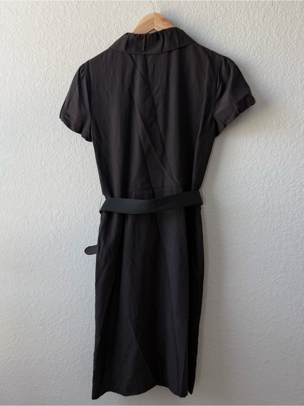 ANTONIO MELANI Black Silk and Cotton Short-Sleeve Button Midi Dress with Belt - Picture 2 of 5
